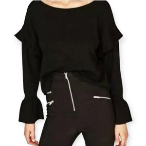 Bardot Wool Blend Black Boat Neck Sweater with Bell Sleeves and Ruffle Arm 6